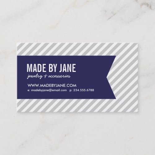 Gray  Navy Blue Modern Stripes  Ribbon Business Card