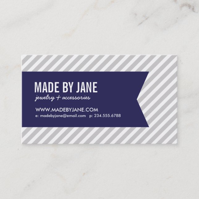 Gray & Navy Blue Modern Stripes & Ribbon Business Card (Front)