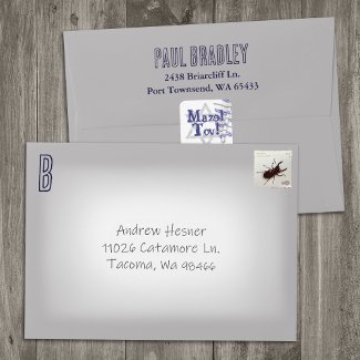 Gray, Navy Blue Return Address Preprinted Monogram