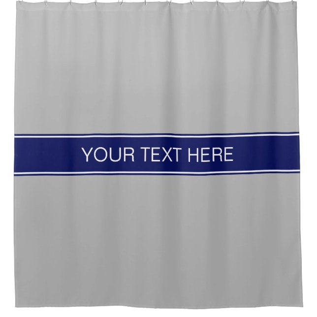Gray Navy Blue Ribbon Name Monogram Shower Curtain (Front)