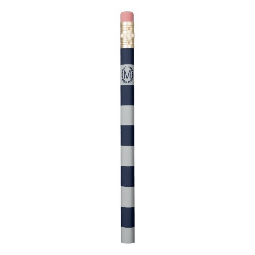 Gray  Navy Blue Striped Monogram Personalized Pencil