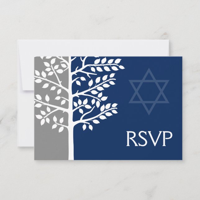 Gray Navy Blue Tree of Life Bar Mitzvah RSVP (Front)