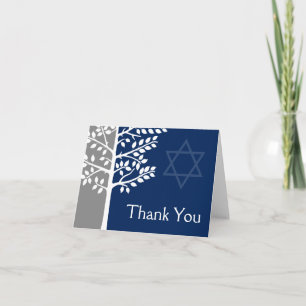 Gray Navy Blue Tree of Life Bar Mitzvah Thank You Card