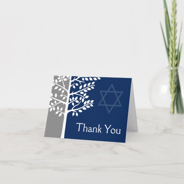 Gray Navy Blue Tree of Life Bar Mitzvah Thank You Card (Front)