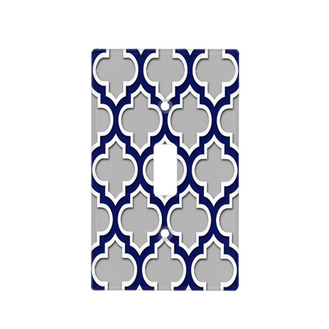 Gray, Navy Blue White Moroccan Quatrefoil #4DS Light Switch Cover (Front)
