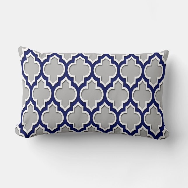 Gray, Navy Blue White Moroccan Quatrefoil #4DS Lumbar Pillow (Front)