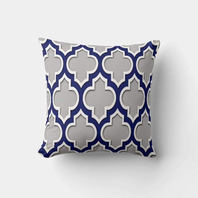 Gray, Navy Blue White Moroccan Quatrefoil #4DS Throw Pillow (Front)