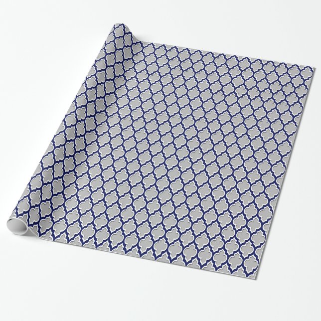 Gray, Navy Blue White Moroccan Quatrefoil #4DS Wrapping Paper (Unrolled)