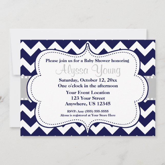 Gray Navy Chevron Invitation (Front)