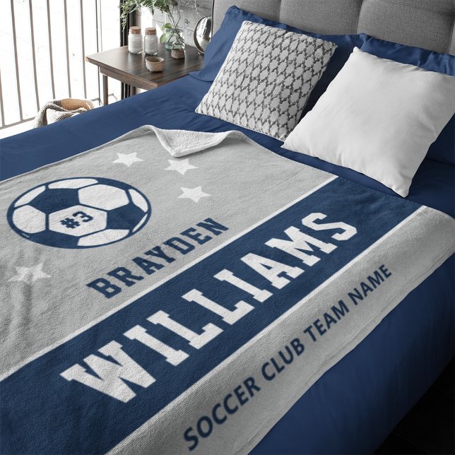 Gray Navy Custom Soccer Name and Number Fleece Blanket (Creator Uploaded)