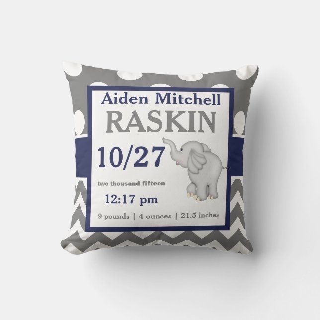 Gray Navy Elephant Baby Announcement Pillow (Front)