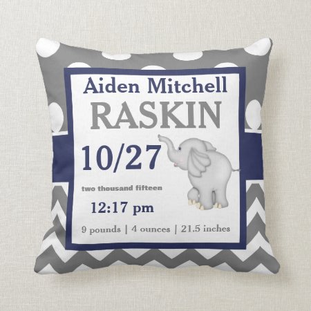 Gray Navy Elephant Baby Announcement Pillow