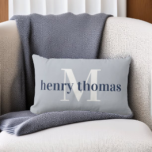Gray & Navy Name and Monogram Nursery Lumbar Pillow