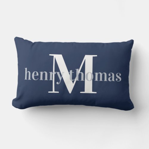 Gray  Navy  Name and Monogram Nursery Lumbar Pillow