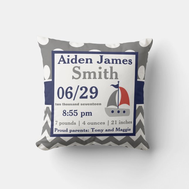 Gray Navy Sailboat Boat Birth Announcement Pillow (Front)