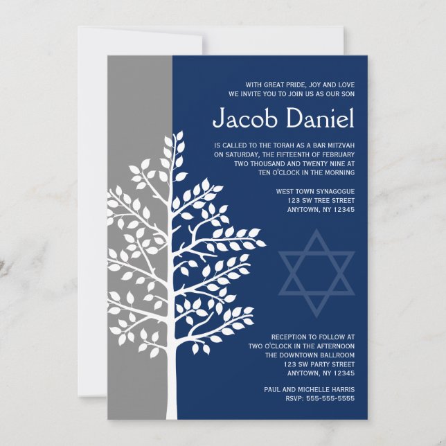 Gray Navy Tree of Life Bar Mitzvah Invitations (Front)