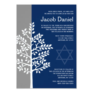 Gray Navy Tree of Life Bar Mitzvah Invitations