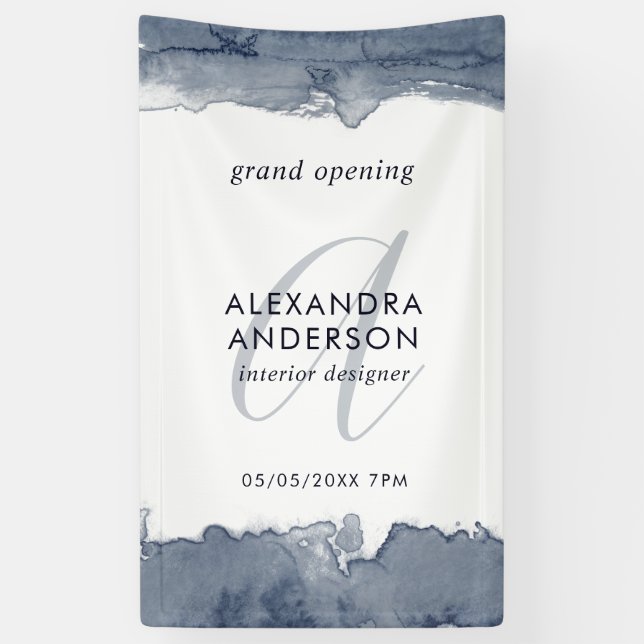 Gray Navy Watercolor Monogram Grand Opening Banner (Vertical)