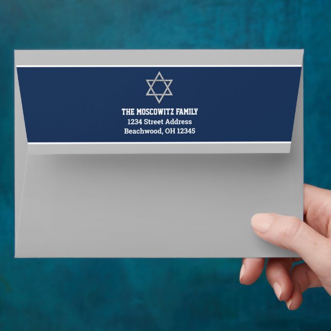 Gray, Navy, White Star of David Bar Mitzvah Envelope (Hand)