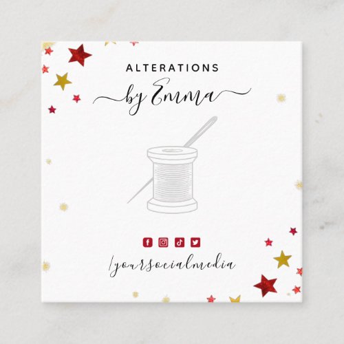 Gray Needle  Gold Red Star Sparkle Tailor Stylist Square Business Card