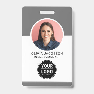 Gray Neutral Modern Company Employee Photo QR ID Badge