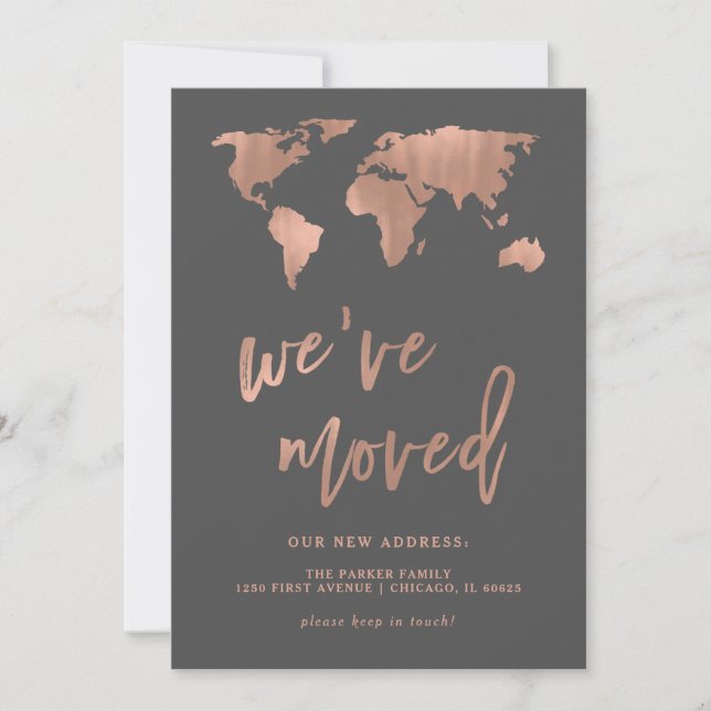 Gray New Address Announcement | Faux Rose Gold Map (Front)