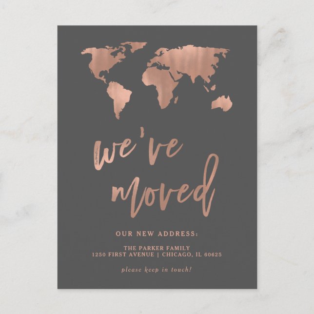 Gray New Address Announcement | Faux Rose Gold Map Postcard (Front)