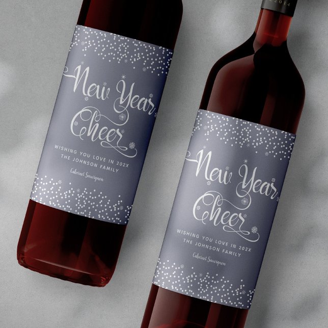 Gray New Year Cheer Modern White Snowflakes Custom Wine Label (Creator Uploaded)