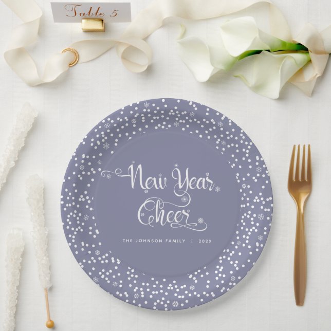Gray New Year Cheer White Snowflakes Script Custom Paper Plates (Wedding)
