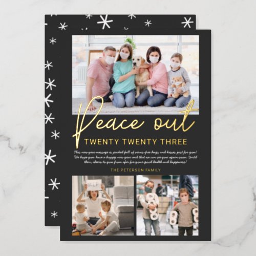 Gray New Year peace out 2020 script 3 photos Foil Holiday Card