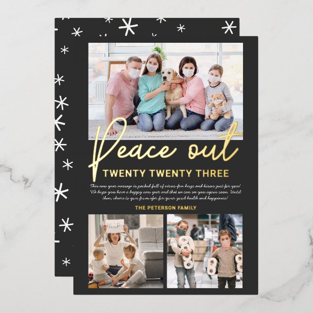 Gray New Year peace out 2020 script 3 photos Foil Holiday Card (Front/Back)