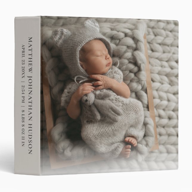 Gray Newborn Photo Baby Boy Stats Gray Gift Album 3 Ring Binder (Front/Spine)
