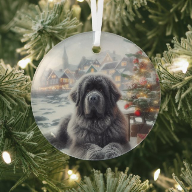 Gray Newfoundland Dog  Glass Ornament (Insitu)