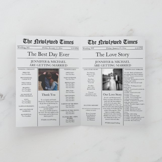Gray Newspaper Wedding Timeline Program Story (Inside)