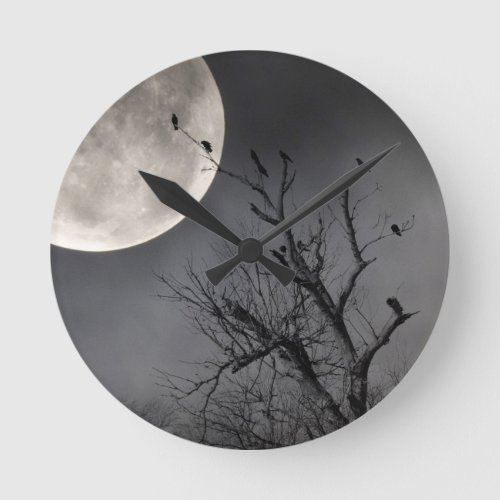 Gray Night And Crows Round Clock