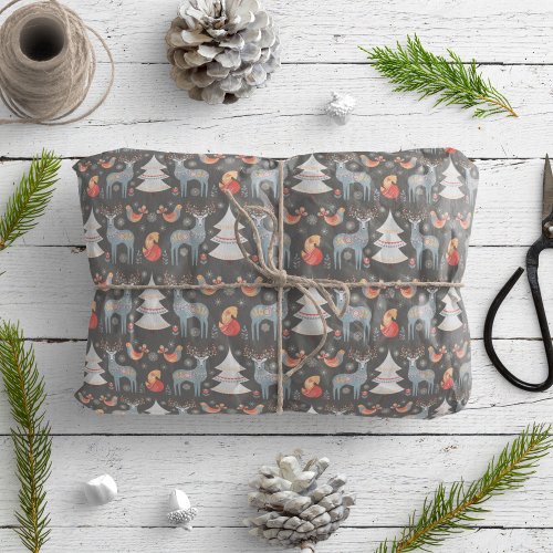 Gray Nordic Reindeer Christmas Tree Floral Holiday Wrapping Paper