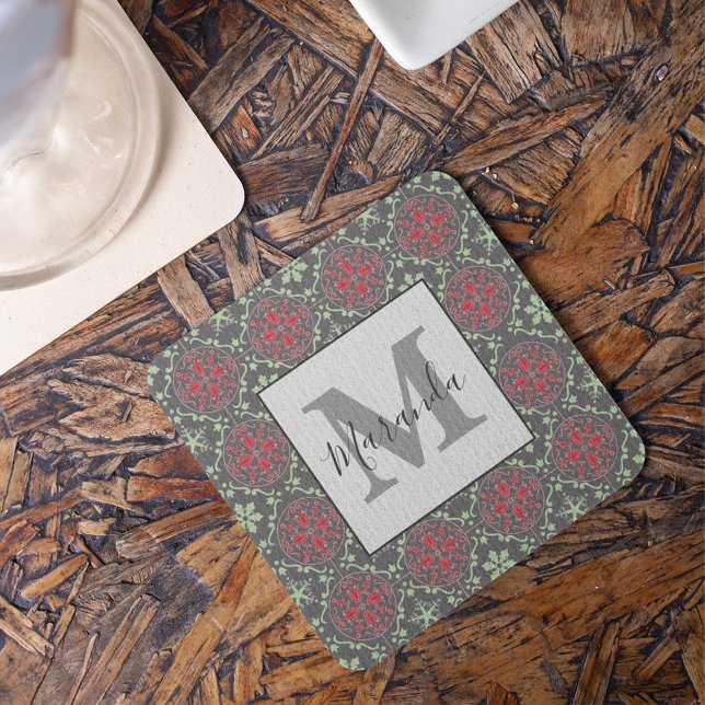 Gray Nordic Snowflake Winter Monogram Holiday Square Paper Coaster (Gray Nordic snowflake winter monogram coaster with elegant Scandinavian holiday pattern decor.)
