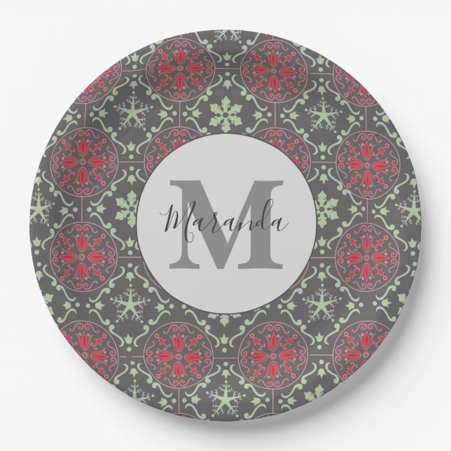 Gray Nordic Snowflake Winter Monogram Pattern Paper Plates (Front)