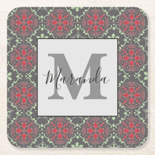 Gray Nordic Snowflake Winter Pattern Monogram Square Paper Coaster