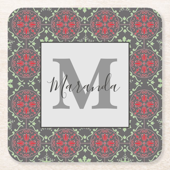 Gray Nordic Snowflake Winter Pattern Monogram Square Paper Coaster (Front)