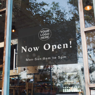Gray Now Open l Business Hours Opening Logo Window Cling