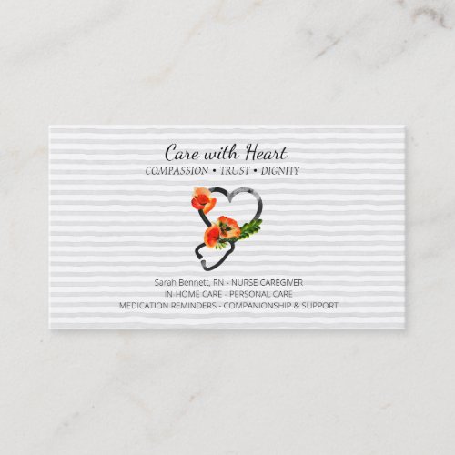 Gray Nurse Caregiver Floral Stethoscope Business Card