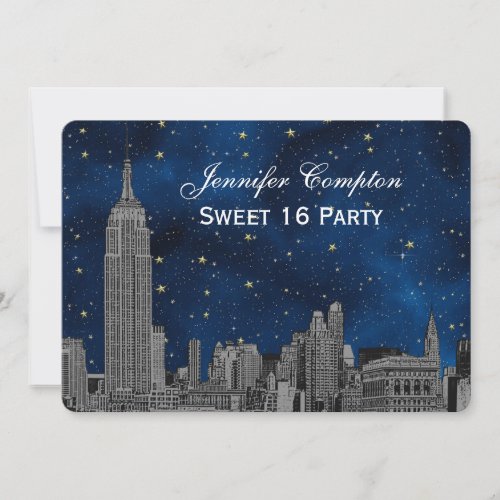 Gray NYC Skyline Etch Blue Starry BG SQ Sweet 16 H Invitation