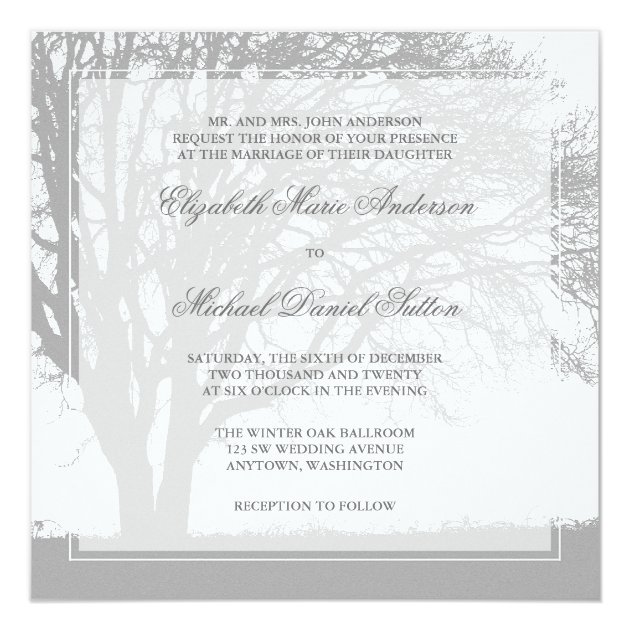 Gray Oak Tree Winter Wedding Invitation