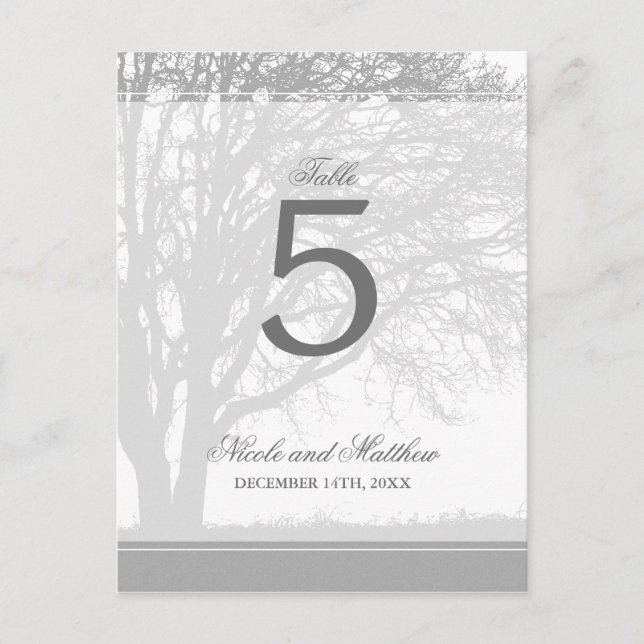 Gray Oak Tree Winter Wedding Table Number (Front)