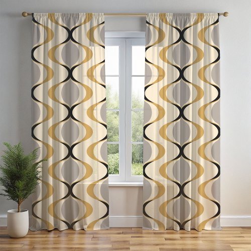 Gray Ochre Mustard Yellow Ivory Ogee Wave Pattern Sheer Curtains