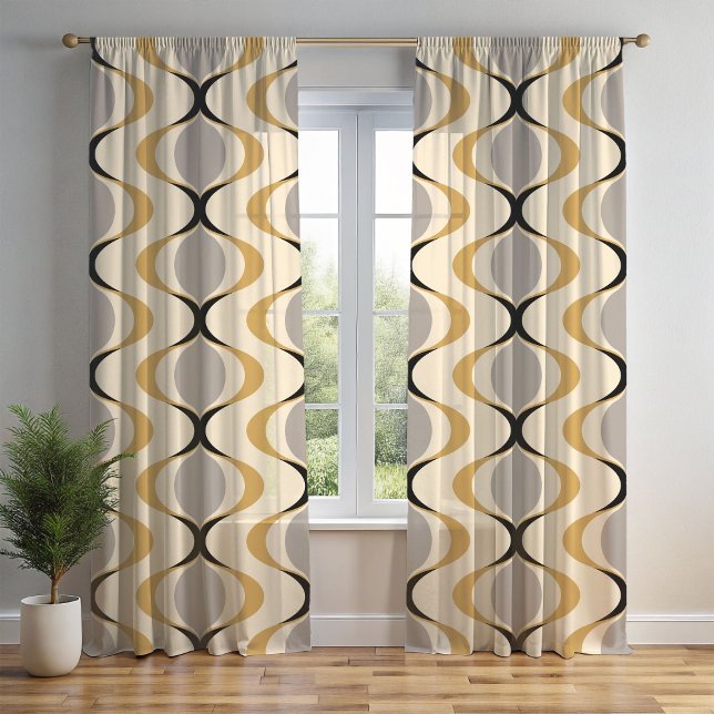 Gray Ochre Mustard Yellow Ivory Ogee Wave Pattern Sheer Curtains (Creator Uploaded)