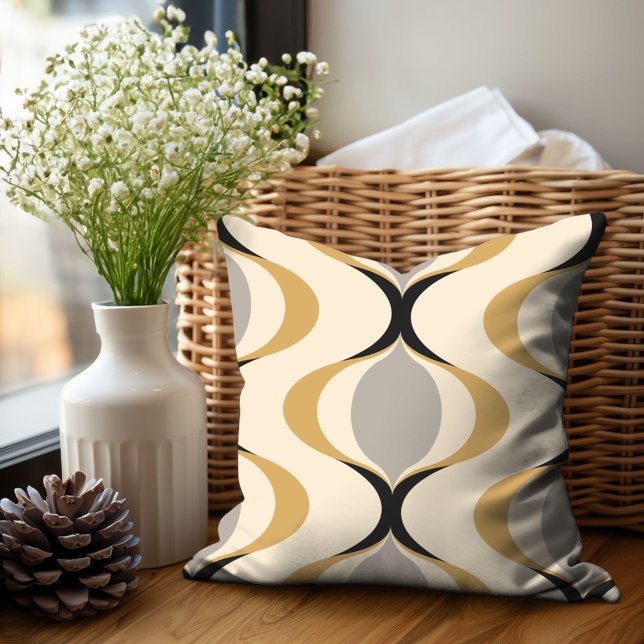 Gray Ochre Mustard Yellow Ivory Ogee Wave Pattern Throw Pillow (Creator Uploaded)