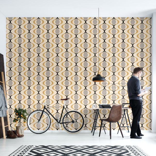 Gray Ochre Mustard Yellow Ivory Ogee Wave Pattern Wallpaper (Living Room)