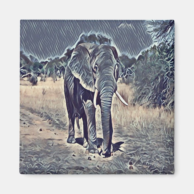 Gray old elephant walking magnet (Front)